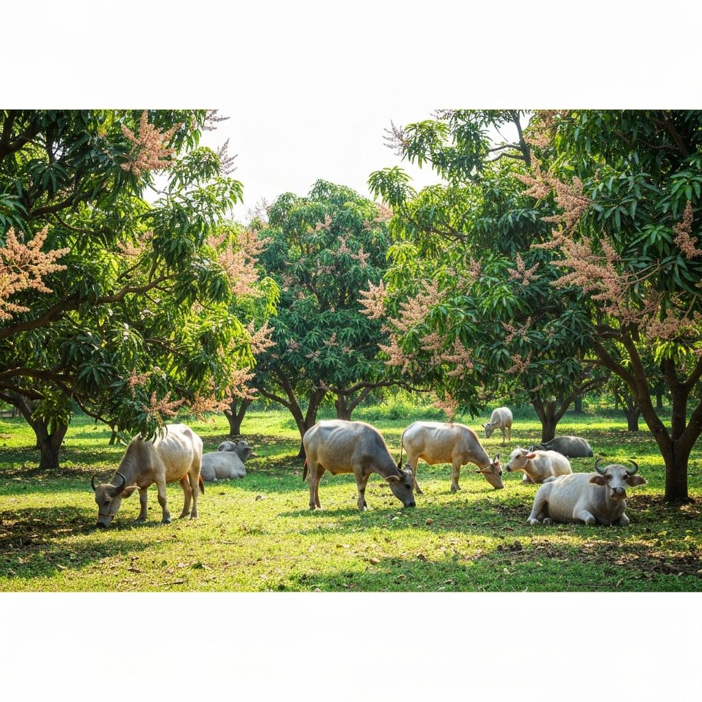 Buffaloes grazing in mango orchard
